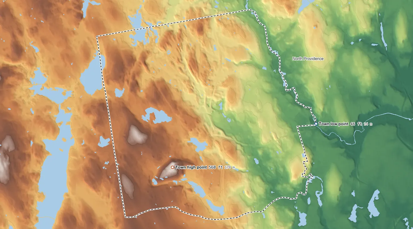 Topographic elevation map of Johnston, Rhode Island, shaded from 46 ft on the east side to 560 ft on the southwest side