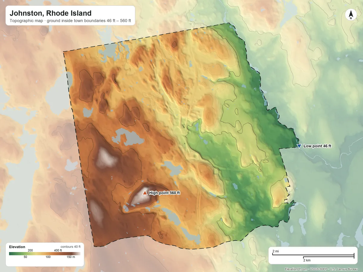 Topographic elevation map of Johnston, Rhode Island, shaded from 46 ft on the east side to 560 ft on the southwest side