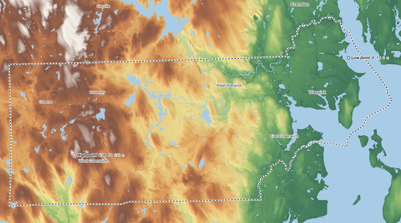 Topographic elevation map of Kent County, Rhode Island, shaded from sea level on Narragansett Bay to 630 ft on Bald Hill