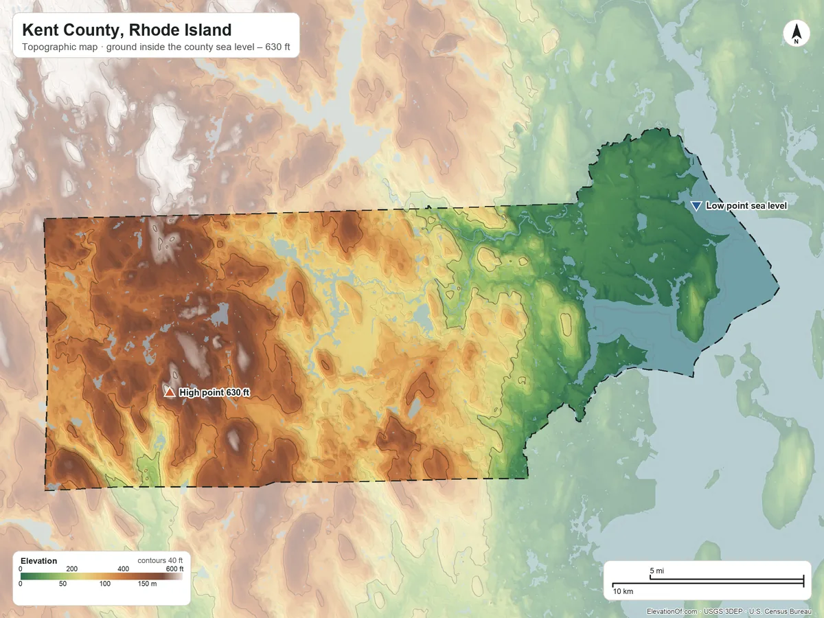 Topographic elevation map of Kent County, Rhode Island, shaded from sea level on Narragansett Bay to 630 ft on Bald Hill