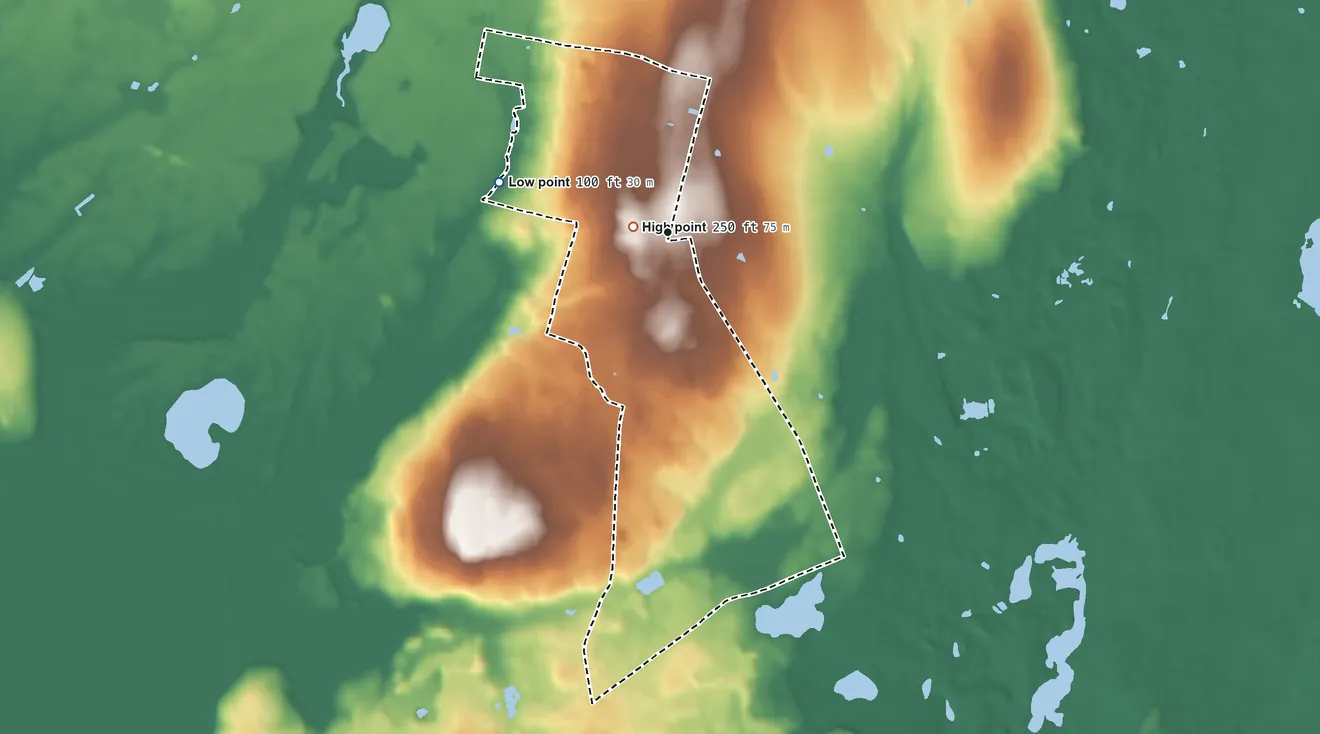 Topographic elevation map of Kingston, Rhode Island, shaded from 100 ft on the west side to 250 ft on Kingston Hill