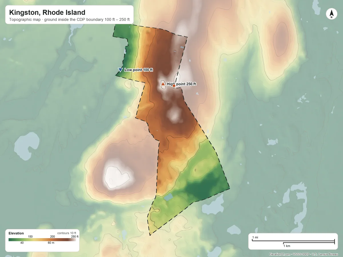 Topographic elevation map of Kingston, Rhode Island, shaded from 100 ft on the west side to 250 ft on Kingston Hill