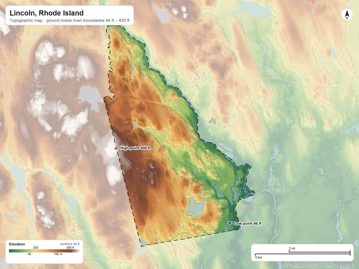 Topographic elevation map of Lincoln, Rhode Island, shaded from 46 ft on the southeast side to 450 ft on the west side