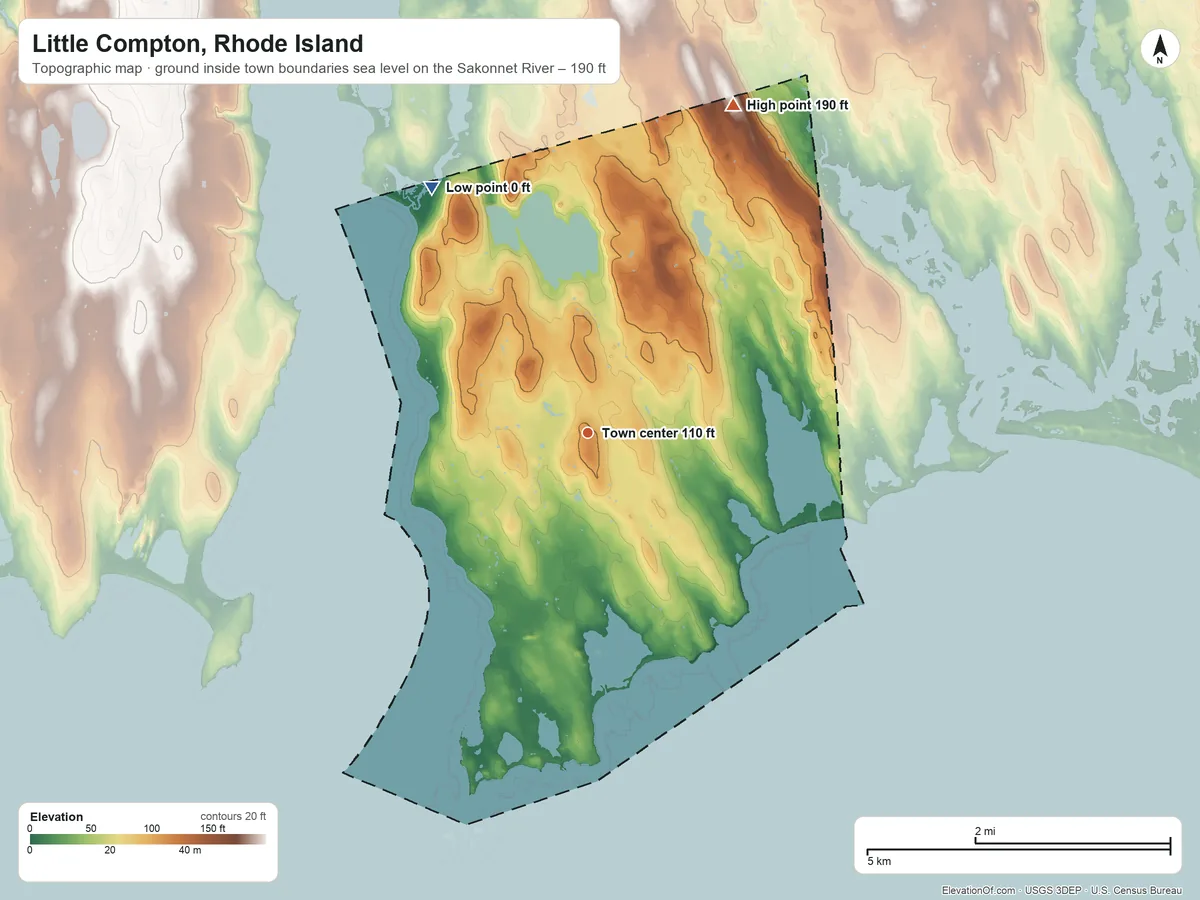 Topographic elevation map of Little Compton, Rhode Island, shaded from sea level level on the Sakonnet River to 190 ft on the northeast side