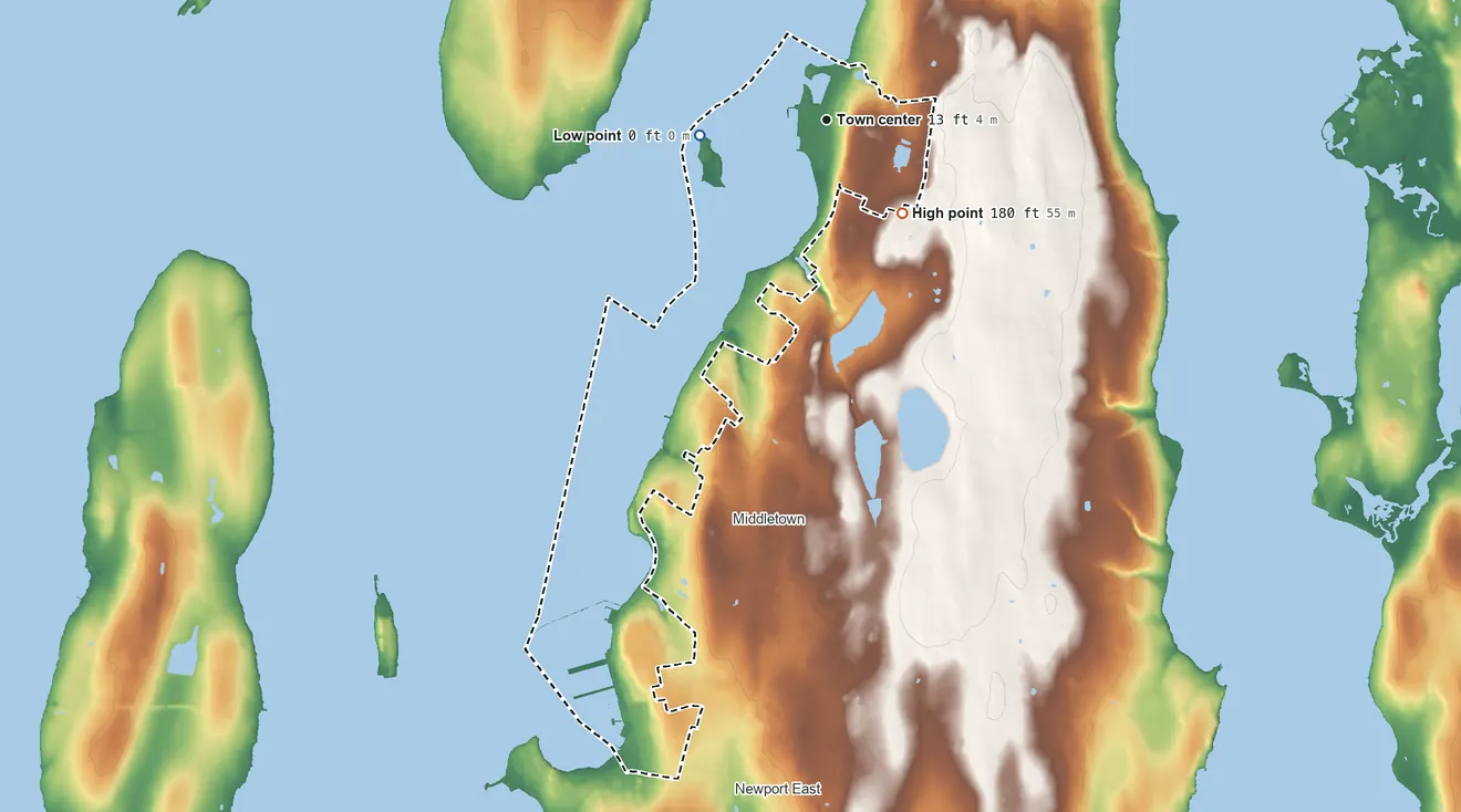 Topographic elevation map of Melville, Rhode Island, shaded from sea level level on Narragansett Bay to 180 ft on the southeast side
