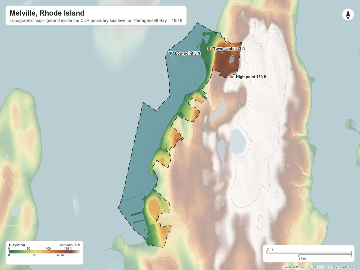 Topographic elevation map of Melville, Rhode Island, shaded from sea level level on Narragansett Bay to 180 ft on the southeast side
