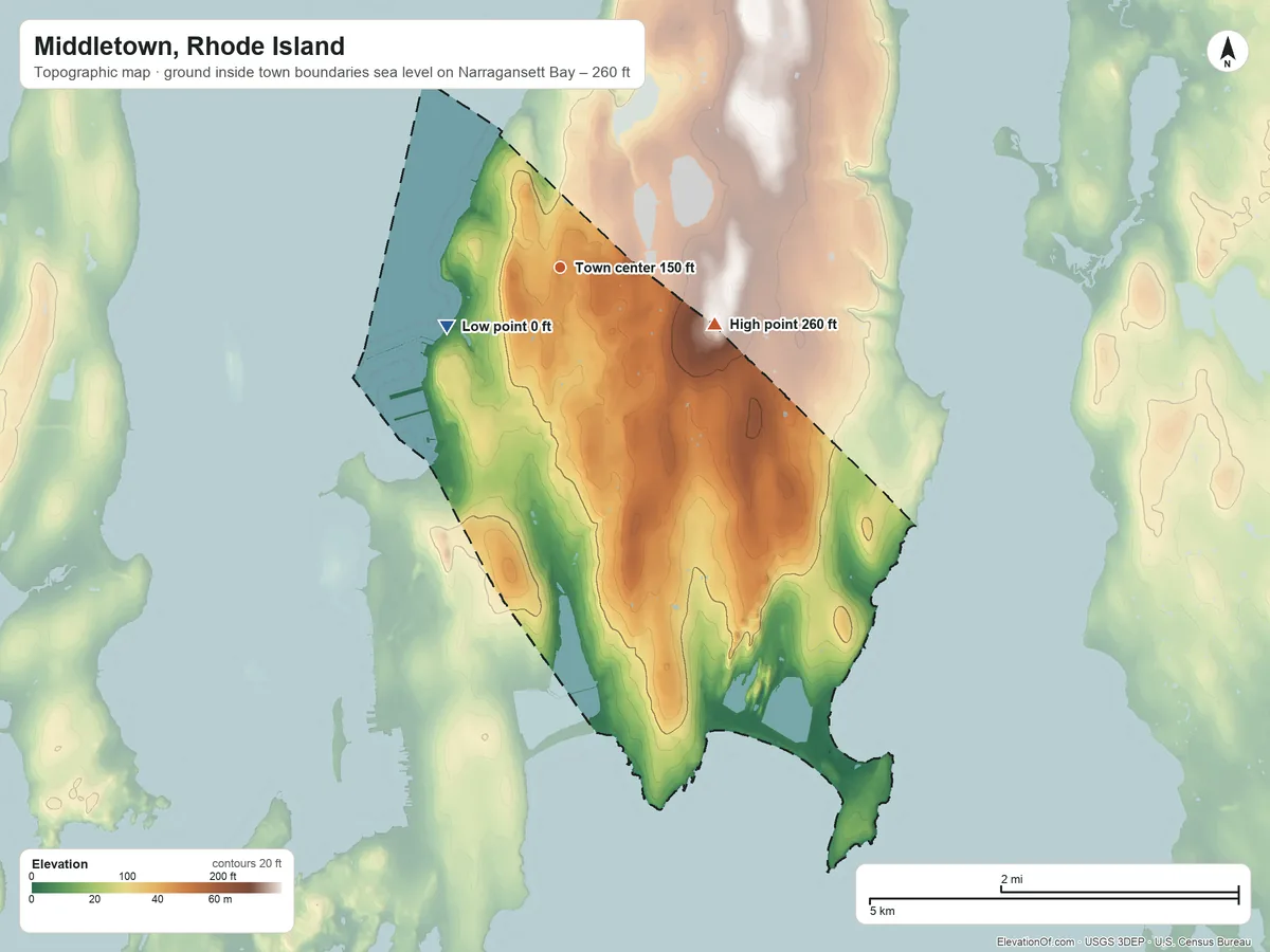 Topographic elevation map of Middletown, Rhode Island, shaded from sea level level on Narragansett Bay to 260 ft on Slate Hill