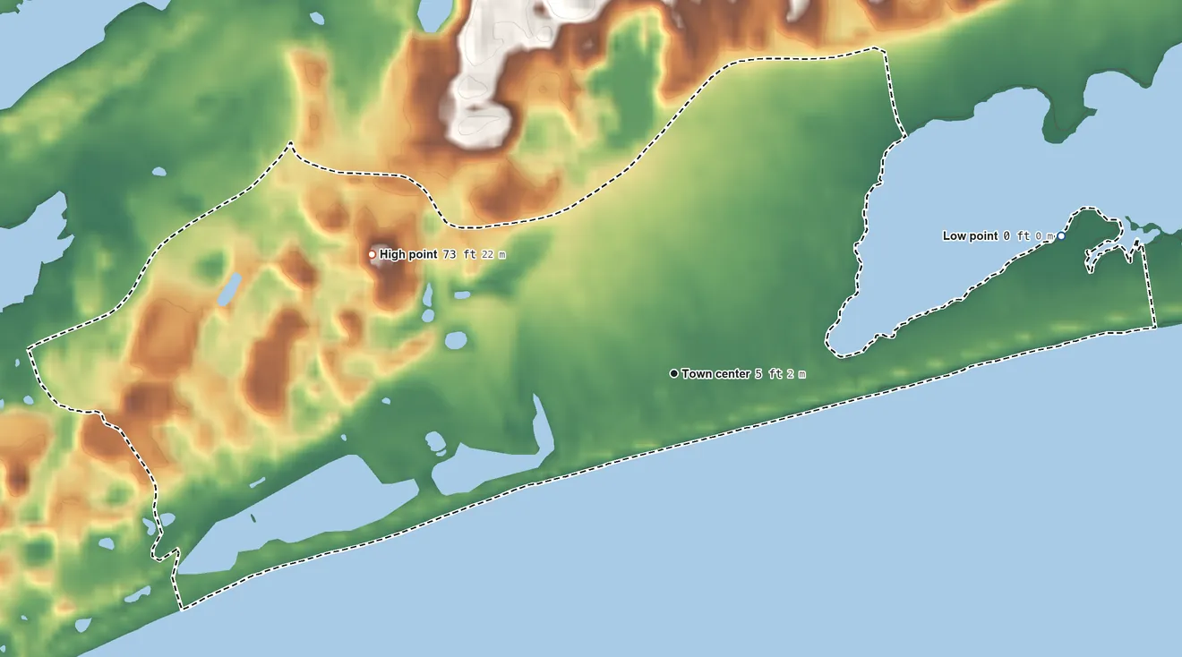 Topographic elevation map of Misquamicut, Rhode Island, shaded from sea level level on the Atlantic Ocean to 73 ft on the west side