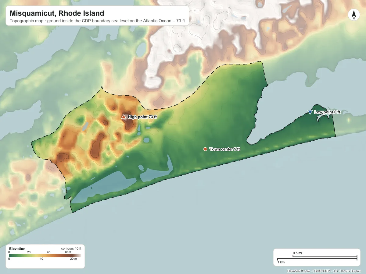 Topographic elevation map of Misquamicut, Rhode Island, shaded from sea level level on the Atlantic Ocean to 73 ft on the west side