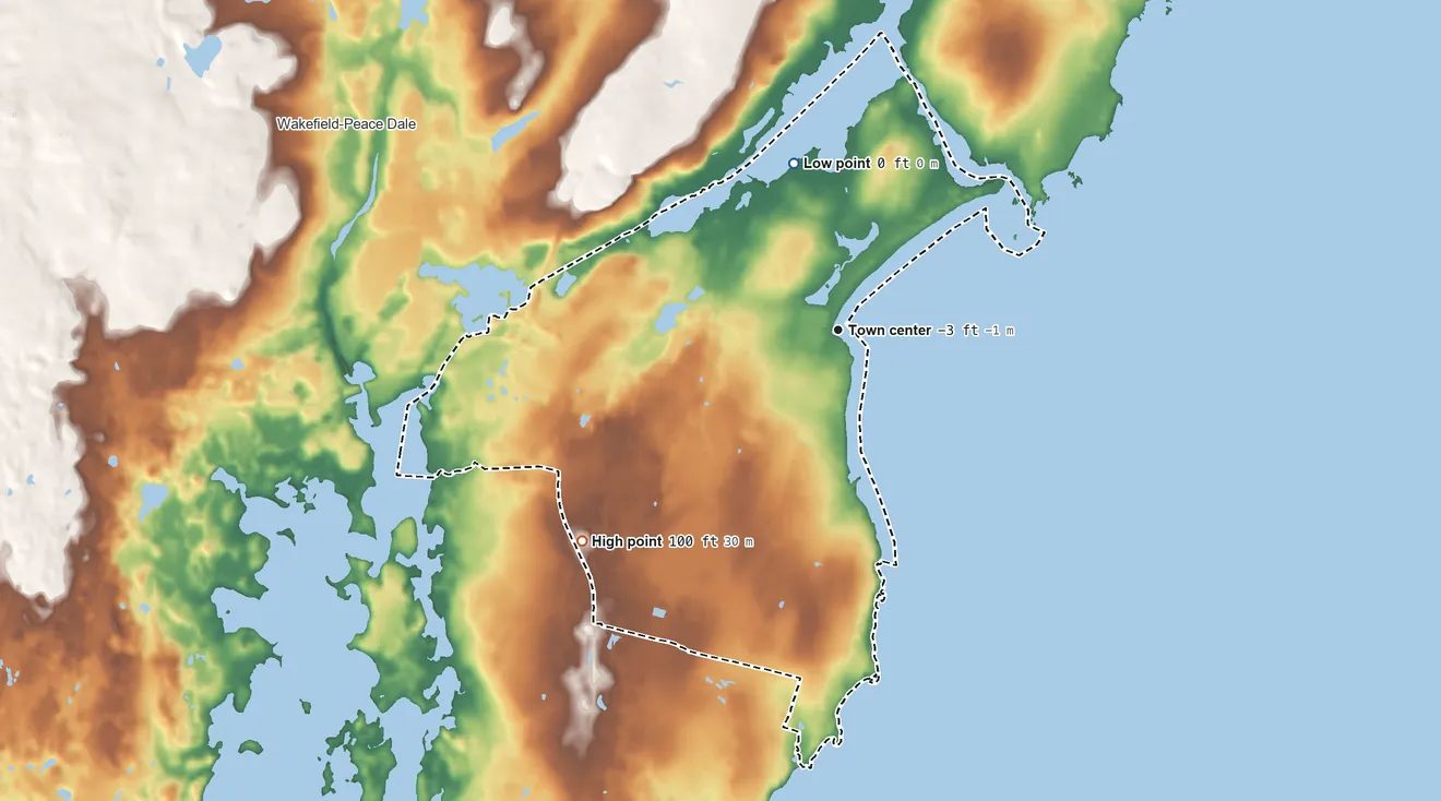 Topographic elevation map of Narragansett Pier, Rhode Island, shaded from sea level level on Narragansett Bay to 100 ft on the southwest side