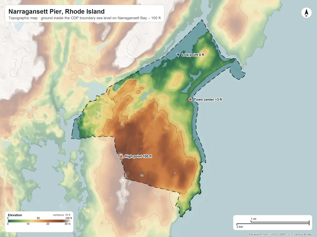 Topographic elevation map of Narragansett Pier, Rhode Island, shaded from sea level level on Narragansett Bay to 100 ft on the southwest side