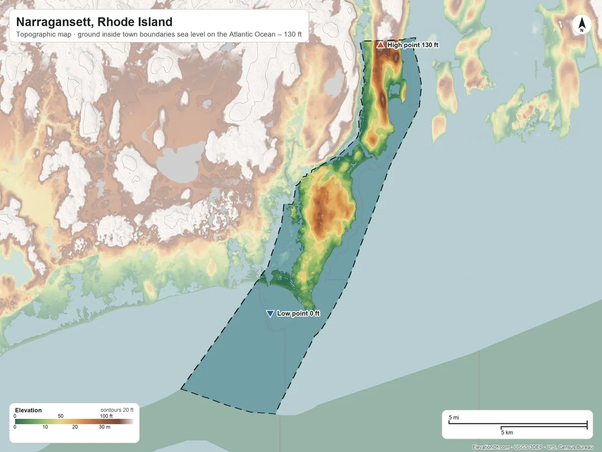 Topographic elevation map of Narragansett, Rhode Island, shaded from sea level level on the Atlantic Ocean to 130 ft on the north side