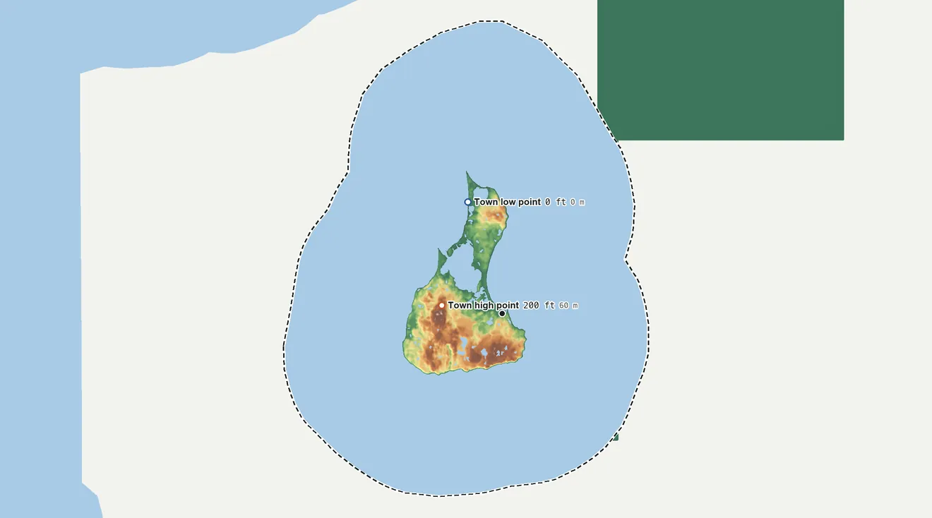 Topographic elevation map of New Shoreham, Rhode Island, shaded from sea level level on the Atlantic Ocean to 200 ft on Beacon Hill