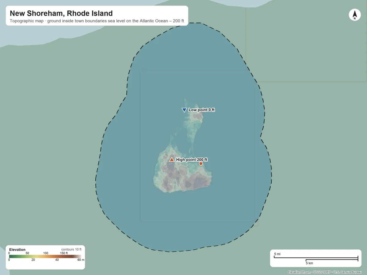 Topographic elevation map of New Shoreham, Rhode Island, shaded from sea level level on the Atlantic Ocean to 200 ft on Beacon Hill
