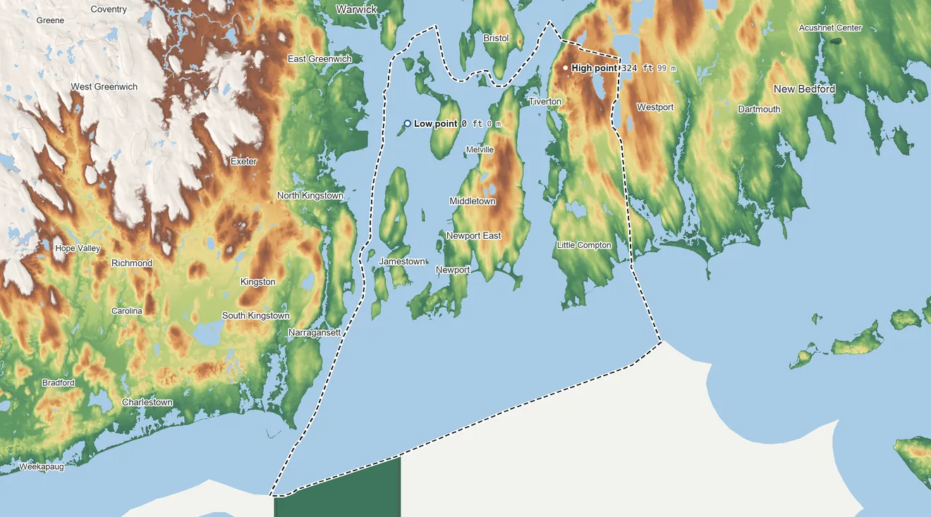 Topographic elevation map of Newport County, Rhode Island, shaded from sea level on Narragansett Bay to 324 ft on Pocasset Hill