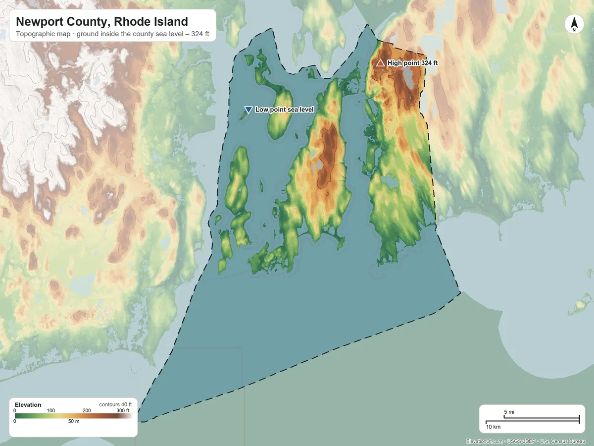 Topographic elevation map of Newport County, Rhode Island, shaded from sea level on Narragansett Bay to 324 ft on Pocasset Hill