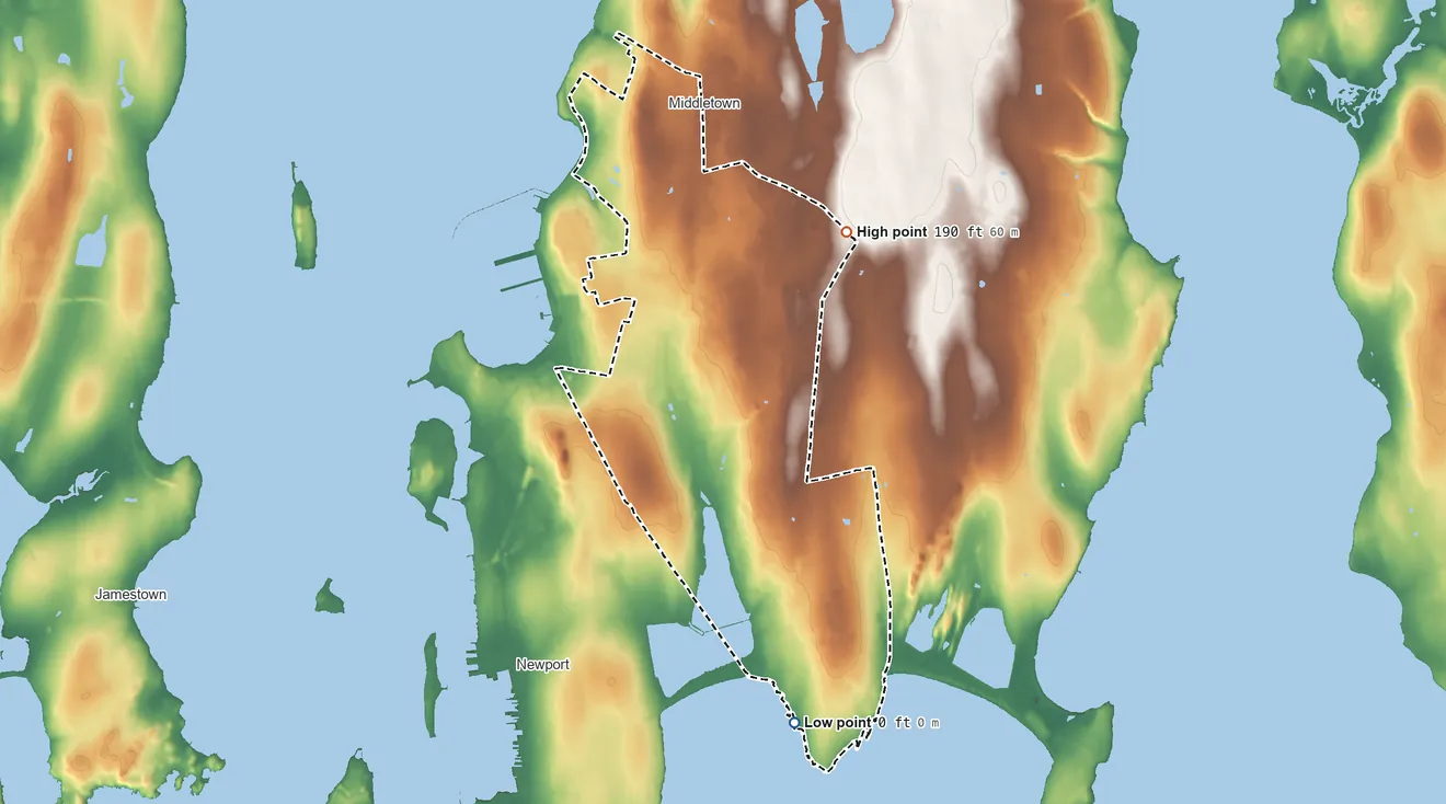 Topographic elevation map of Newport East, Rhode Island, shaded from sea level level on the Easton Pond to 190 ft on the northeast side