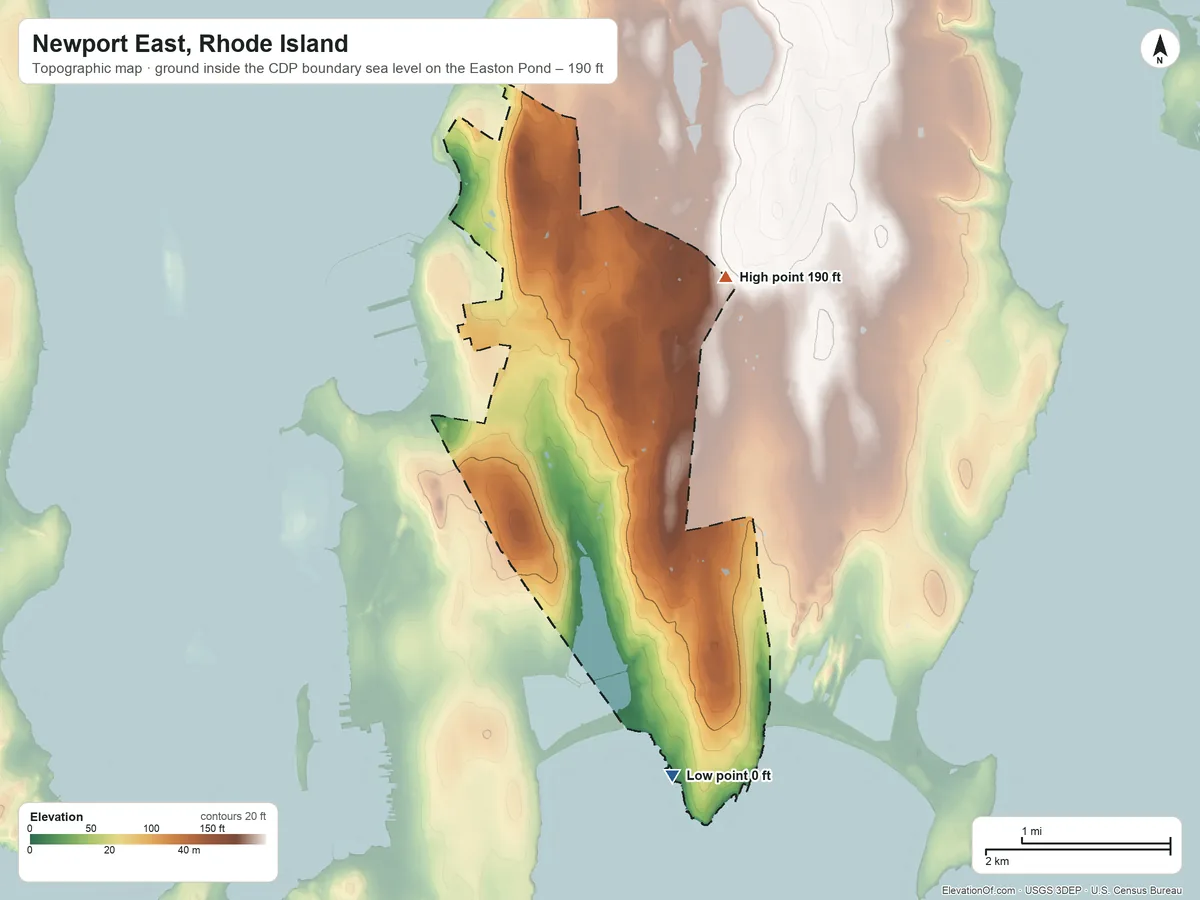 Topographic elevation map of Newport East, Rhode Island, shaded from sea level level on the Easton Pond to 190 ft on the northeast side