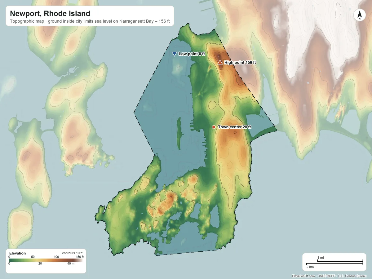 Topographic elevation map of Newport, Rhode Island, shaded from sea level level on Narragansett Bay to 156 ft on Miantonomi Hill