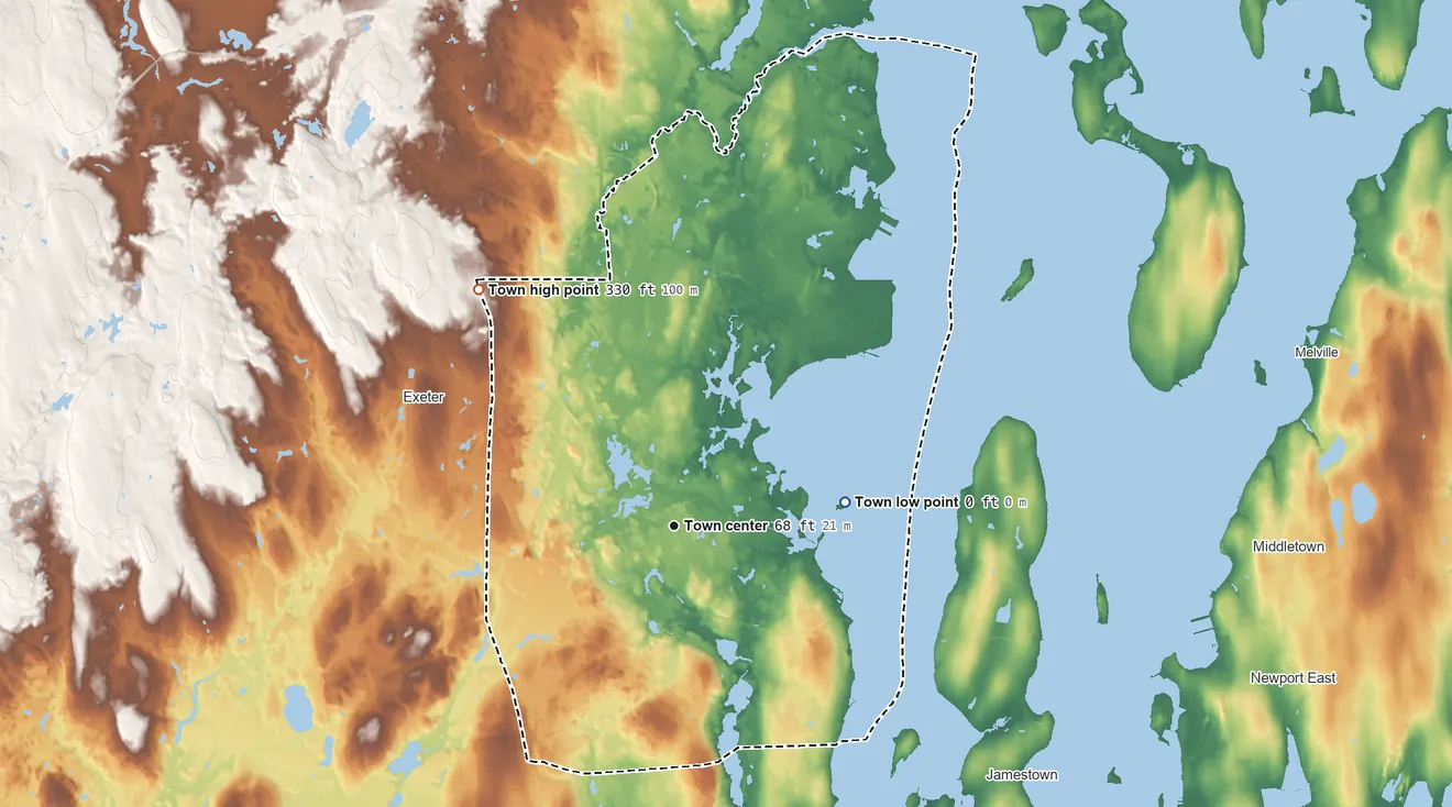 Topographic elevation map of North Kingstown, Rhode Island, shaded from sea level level on Narragansett Bay to 330 ft on the northwest side