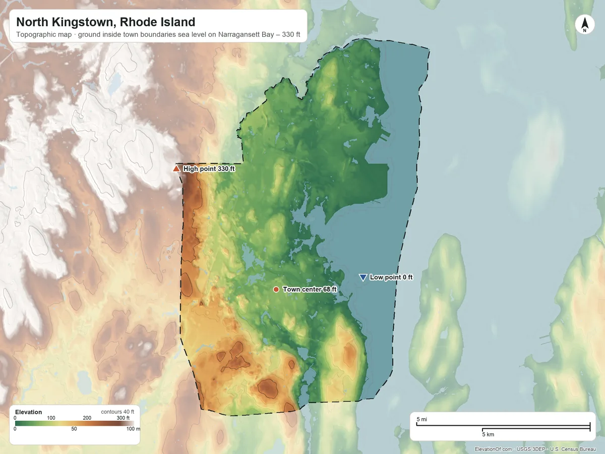 Topographic elevation map of North Kingstown, Rhode Island, shaded from sea level level on Narragansett Bay to 330 ft on the northwest side