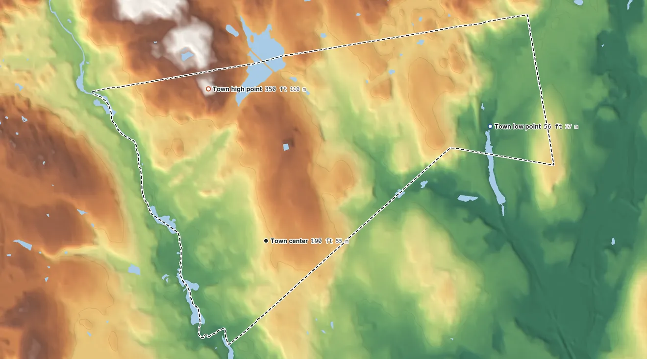 Topographic elevation map of North Providence, Rhode Island, shaded from 56 ft on the northeast side to 350 ft on the north side