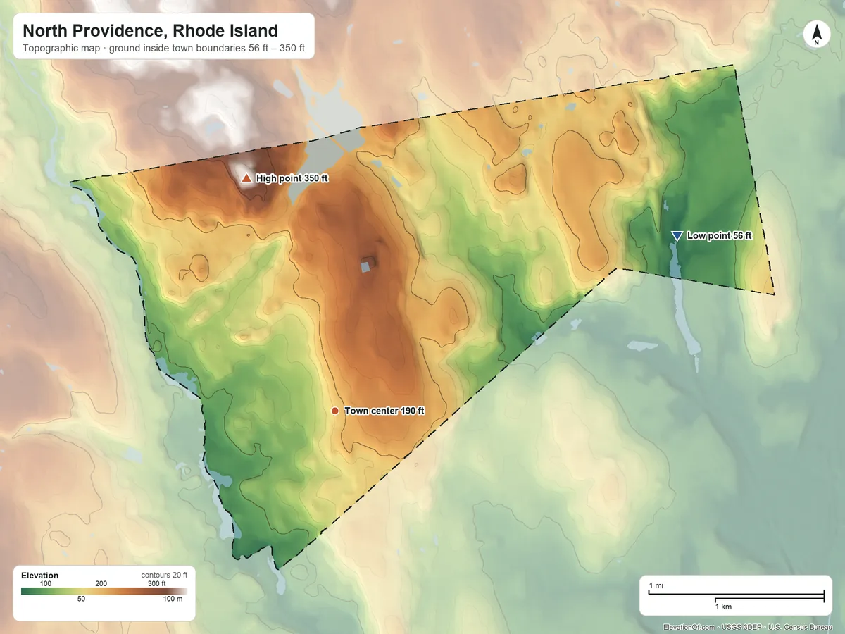 Topographic elevation map of North Providence, Rhode Island, shaded from 56 ft on the northeast side to 350 ft on the north side