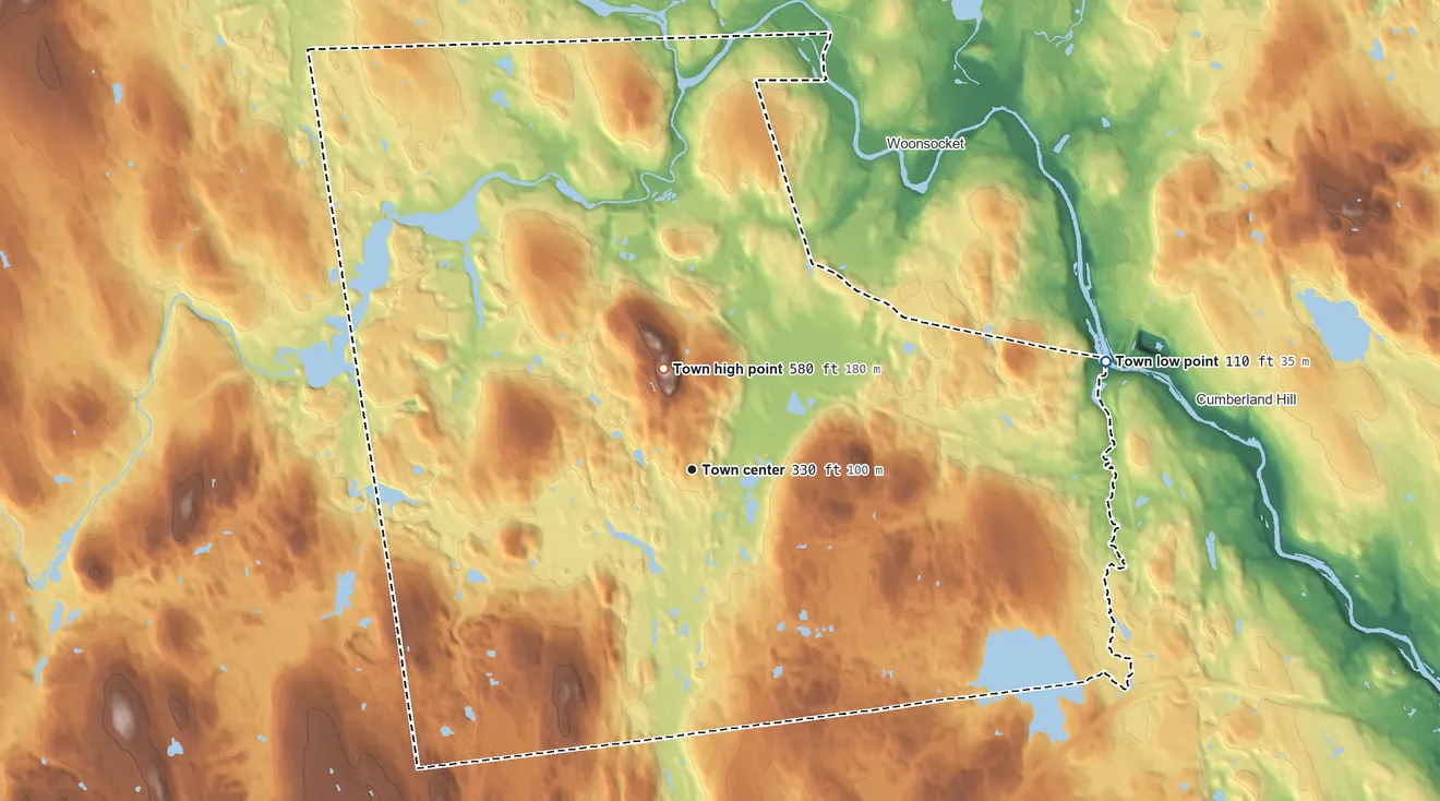 Topographic elevation map of North Smithfield, Rhode Island, shaded from 110 ft on the east side to 585 ft on Woonsocket Hill