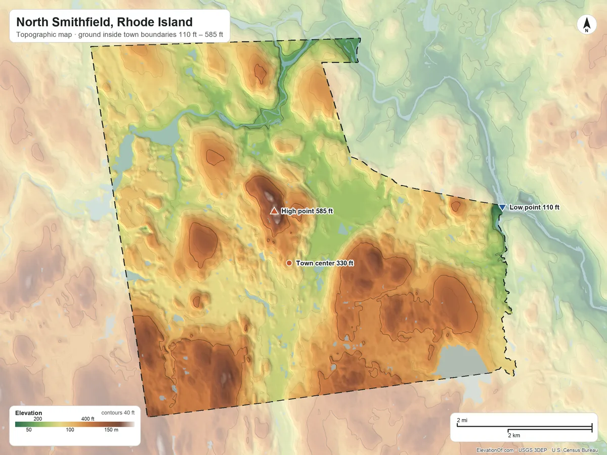 Topographic elevation map of North Smithfield, Rhode Island, shaded from 110 ft on the east side to 585 ft on Woonsocket Hill