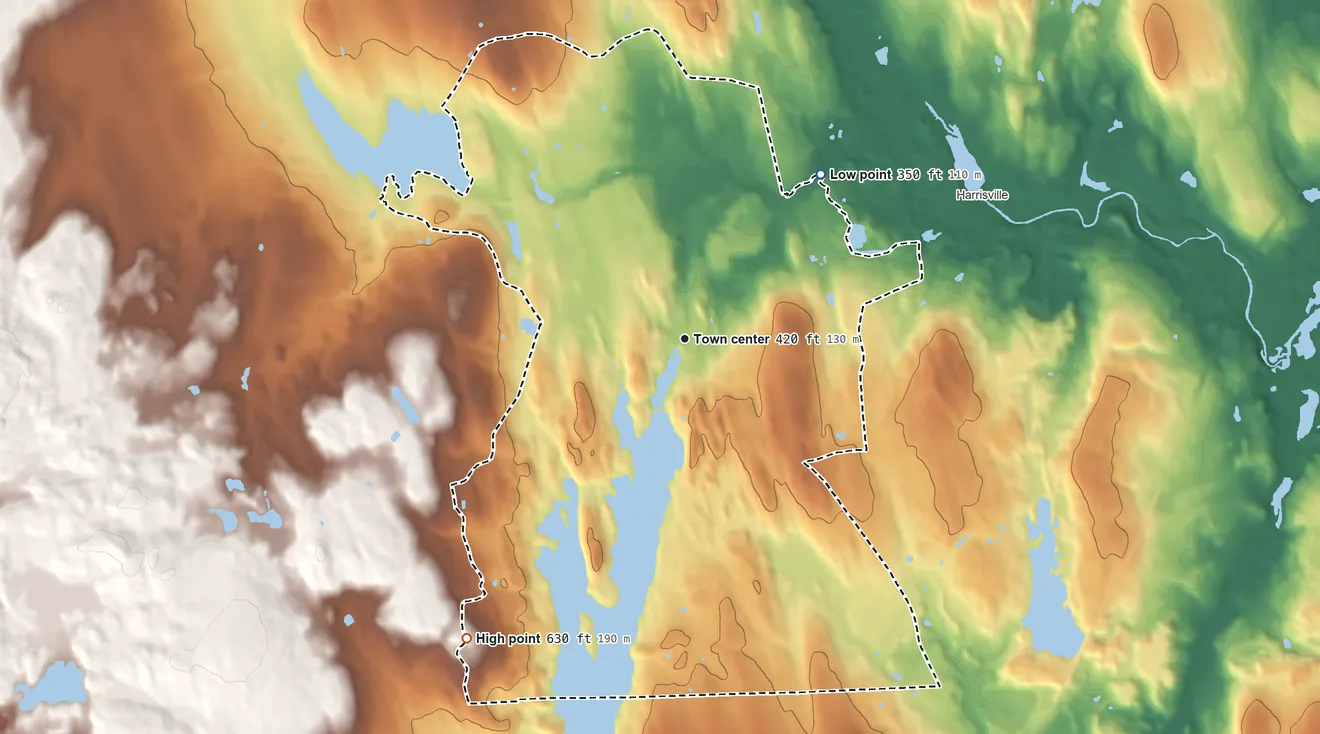 Topographic elevation map of Pascoag, Rhode Island, shaded from 350 ft on the northeast side to 630 ft on the southwest side