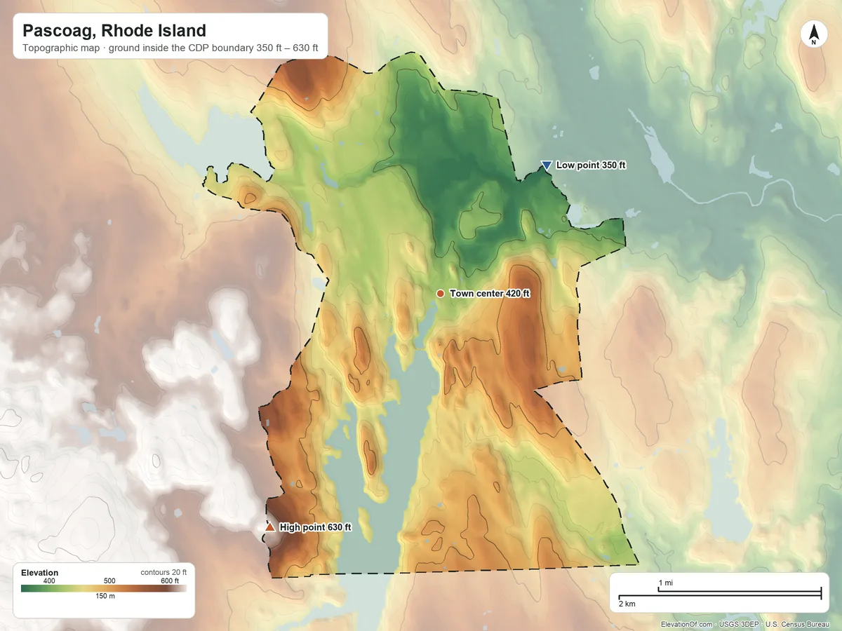 Topographic elevation map of Pascoag, Rhode Island, shaded from 350 ft on the northeast side to 630 ft on the southwest side