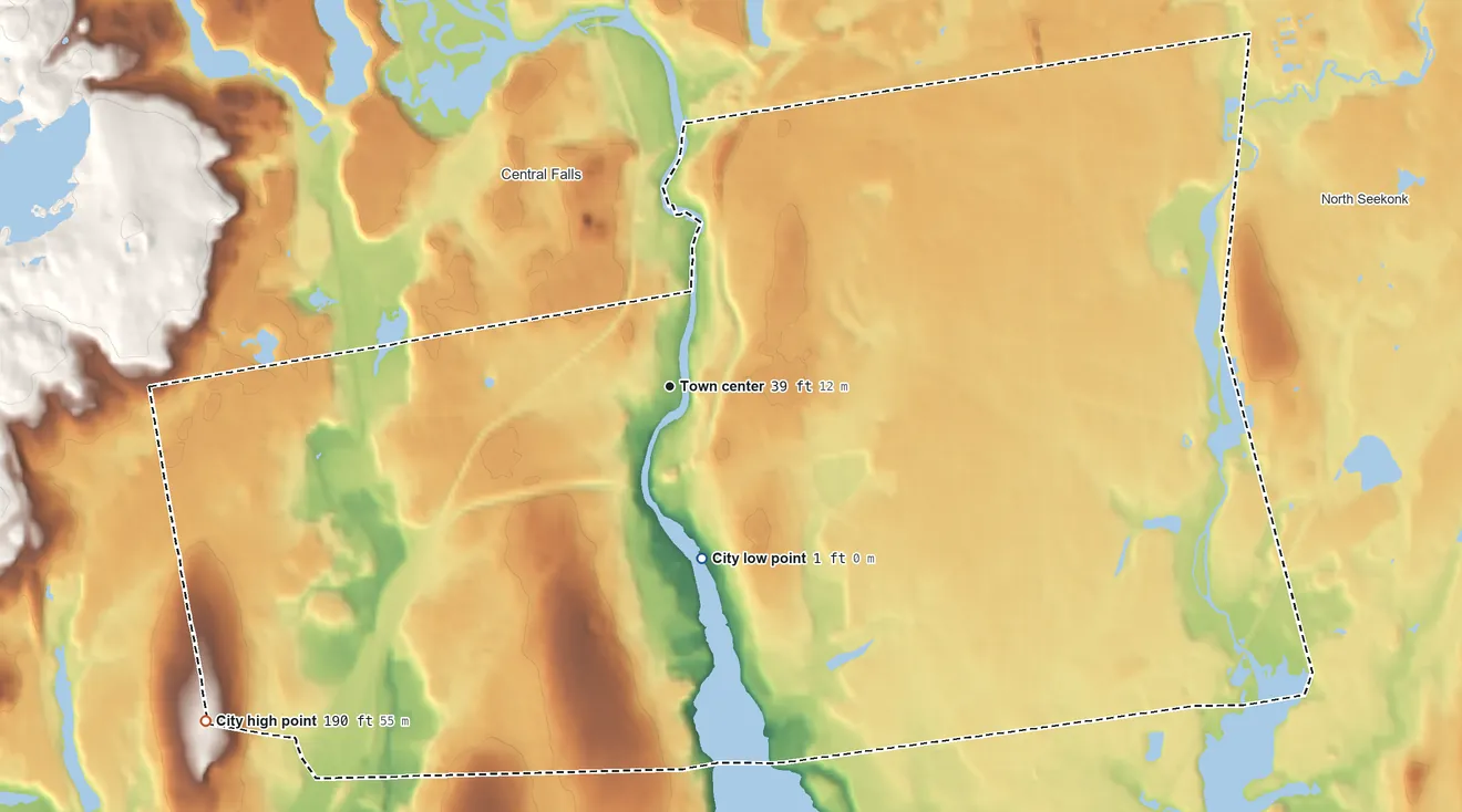 Topographic elevation map of Pawtucket, Rhode Island, shaded from 1 ft on the south side to 190 ft on Windmill Hill