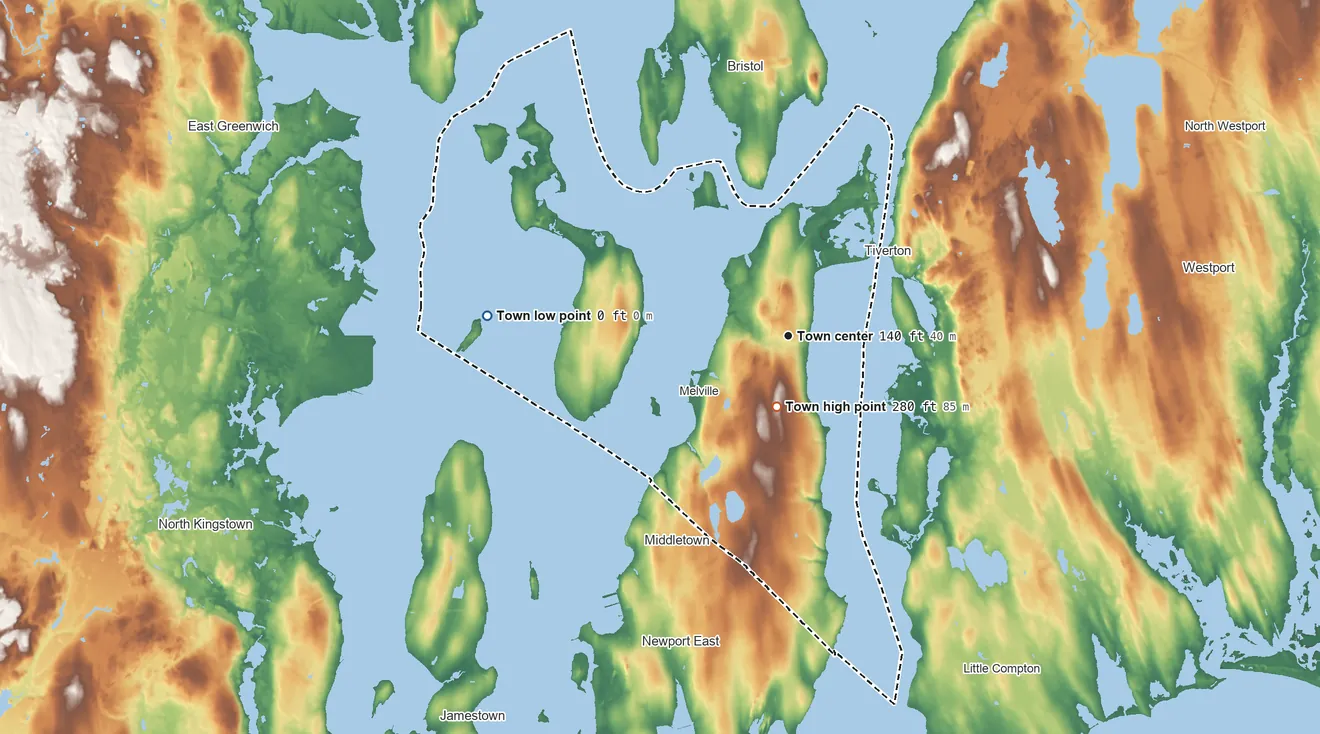 Topographic elevation map of Portsmouth, Rhode Island, shaded from sea level level on Narragansett Bay to 280 ft on Quaker Hill