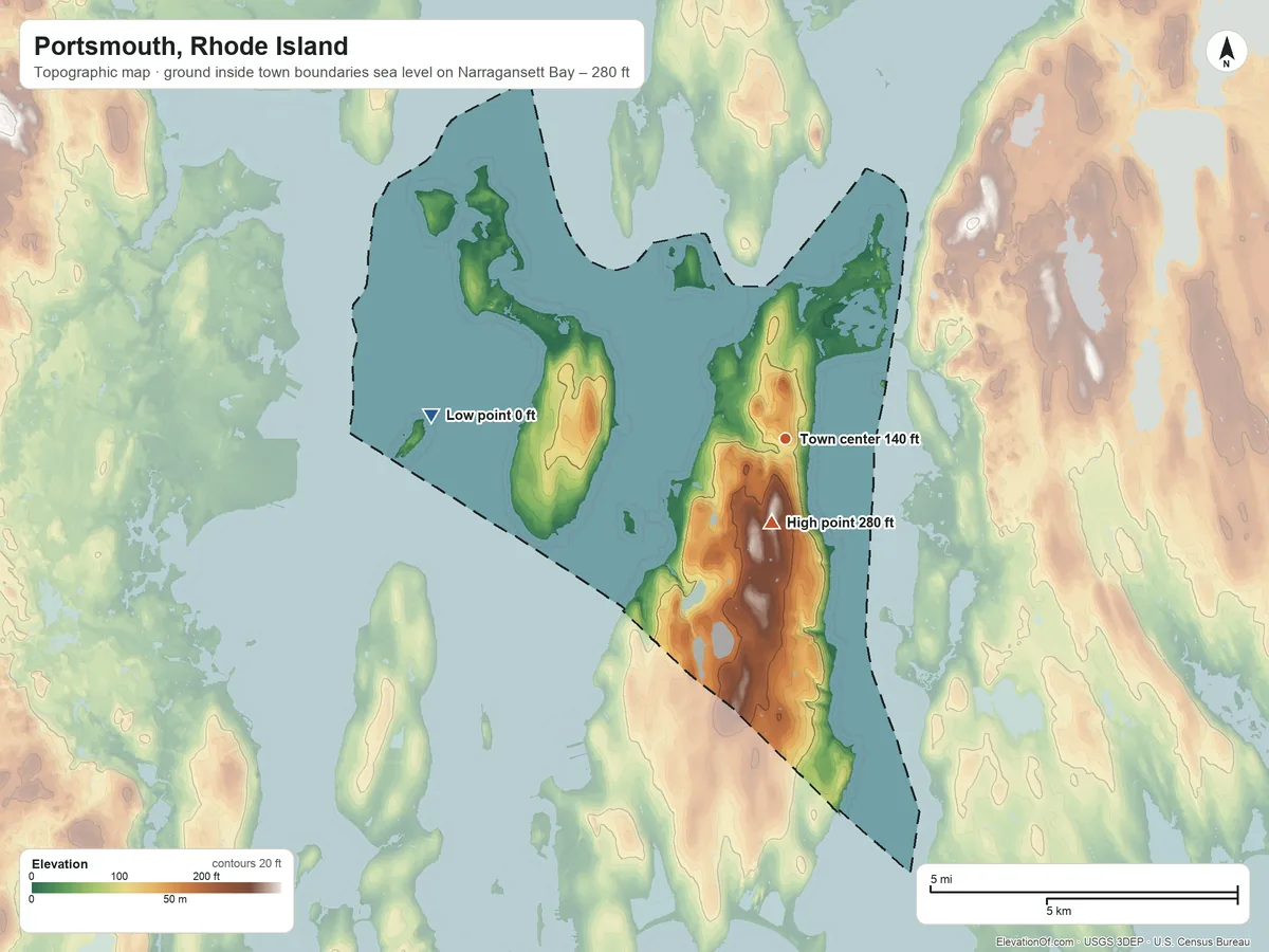 Topographic elevation map of Portsmouth, Rhode Island, shaded from sea level level on Narragansett Bay to 280 ft on Quaker Hill