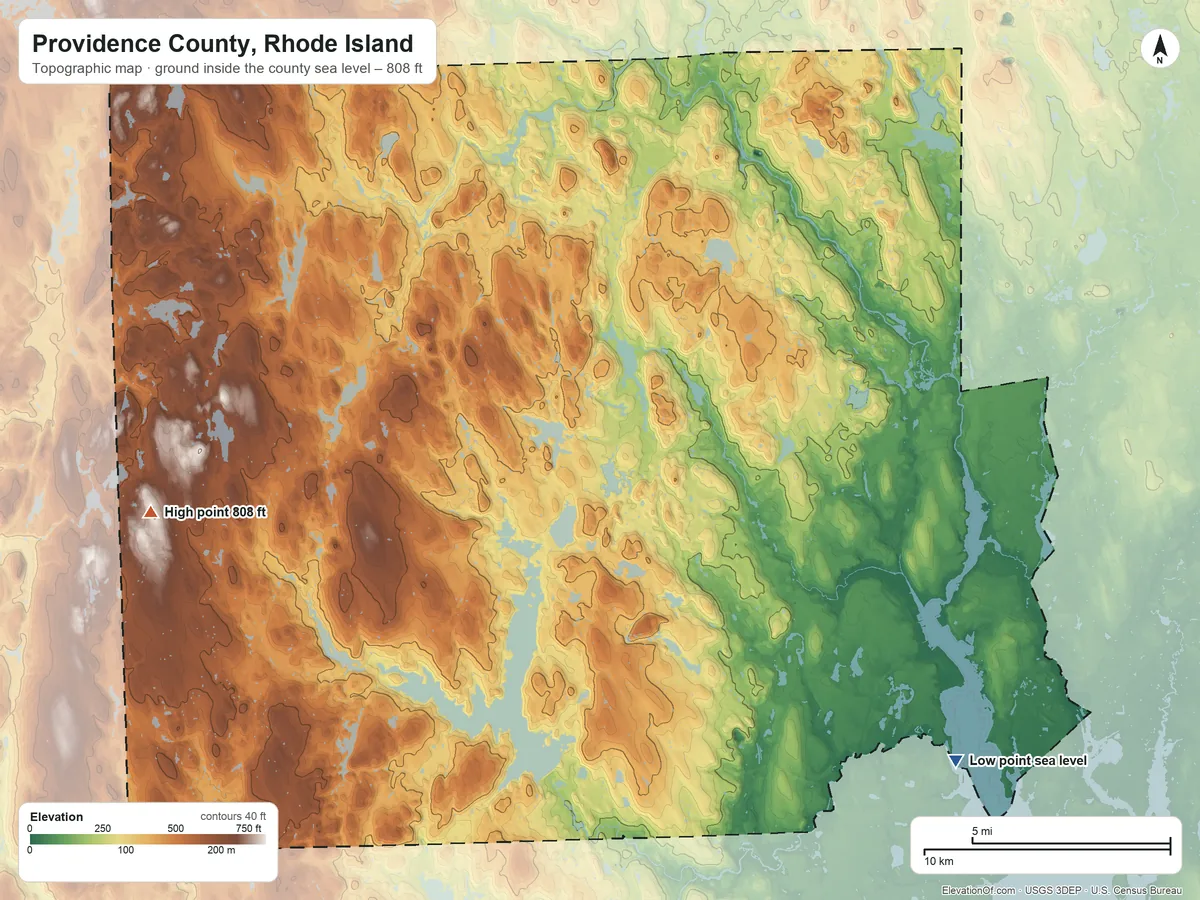 Topographic elevation map of Providence County, Rhode Island, shaded from sea level on Narragansett Bay to 808 ft on Jerimoth Hill