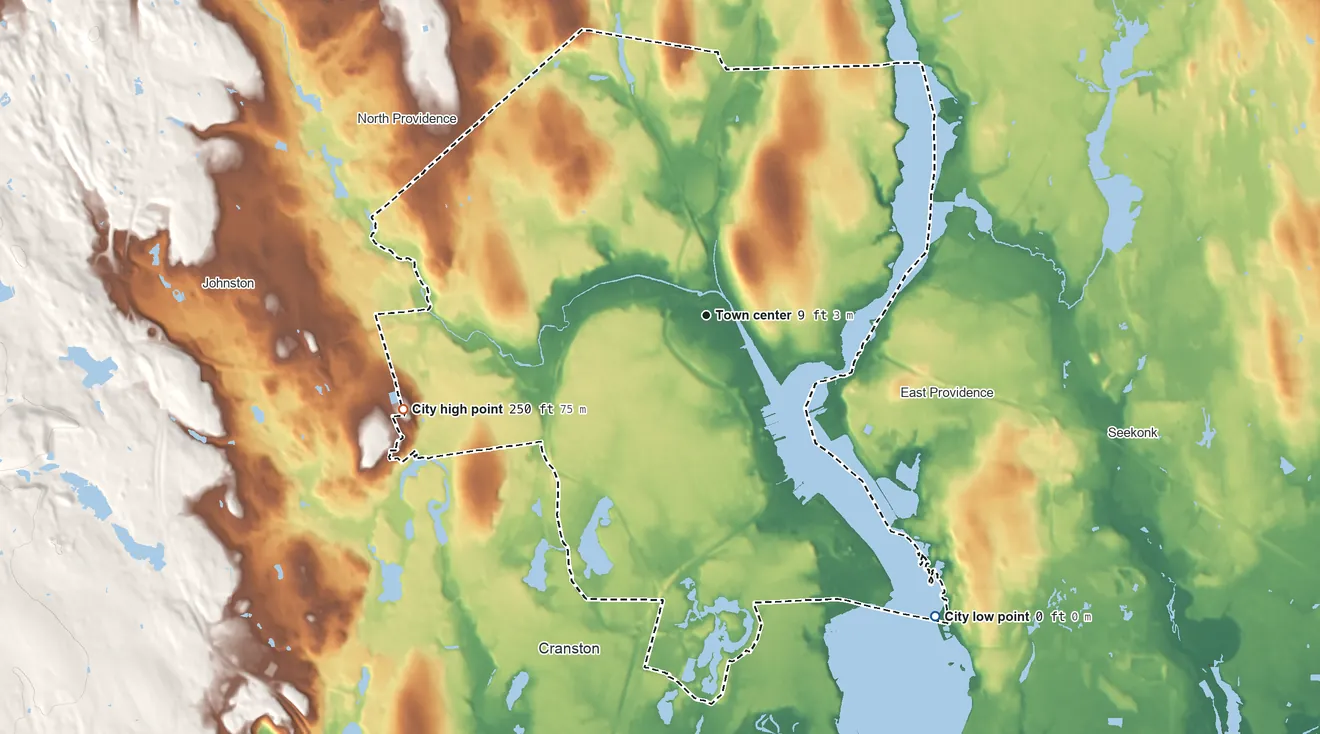 Topographic elevation map of Providence, Rhode Island, shaded from sea level level on Narragansett Bay to 250 ft on the west side