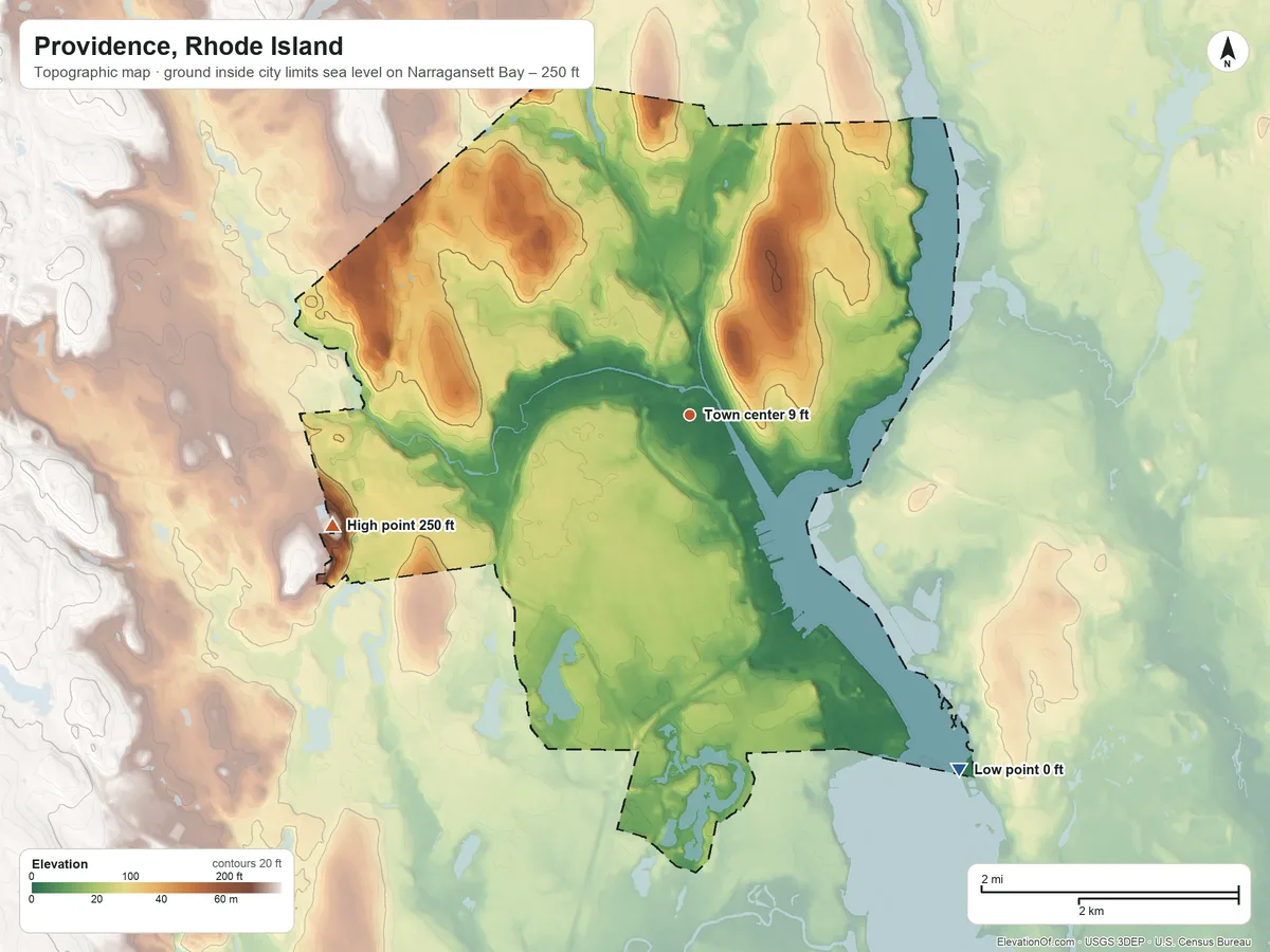 Topographic elevation map of Providence, Rhode Island, shaded from sea level level on Narragansett Bay to 250 ft on the west side