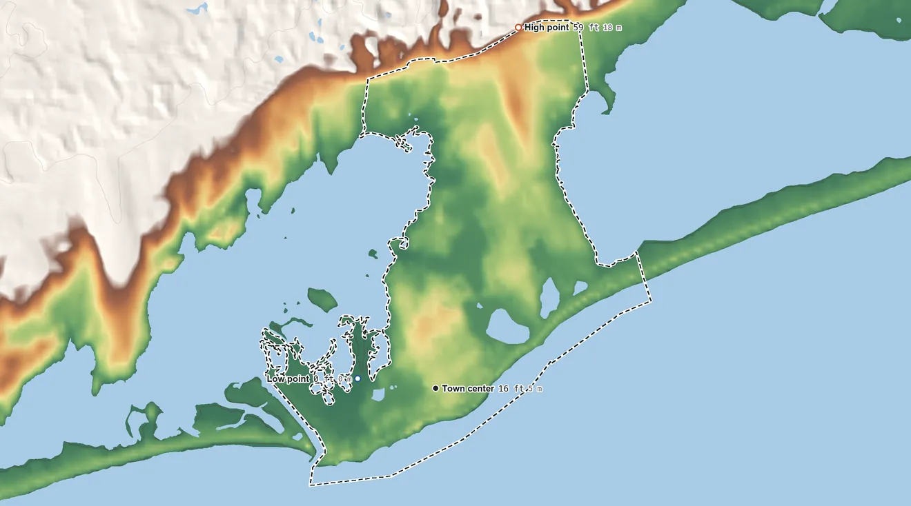 Topographic elevation map of Quonochontaug, Rhode Island, shaded from sea level level on the Atlantic Ocean to 59 ft on the north side