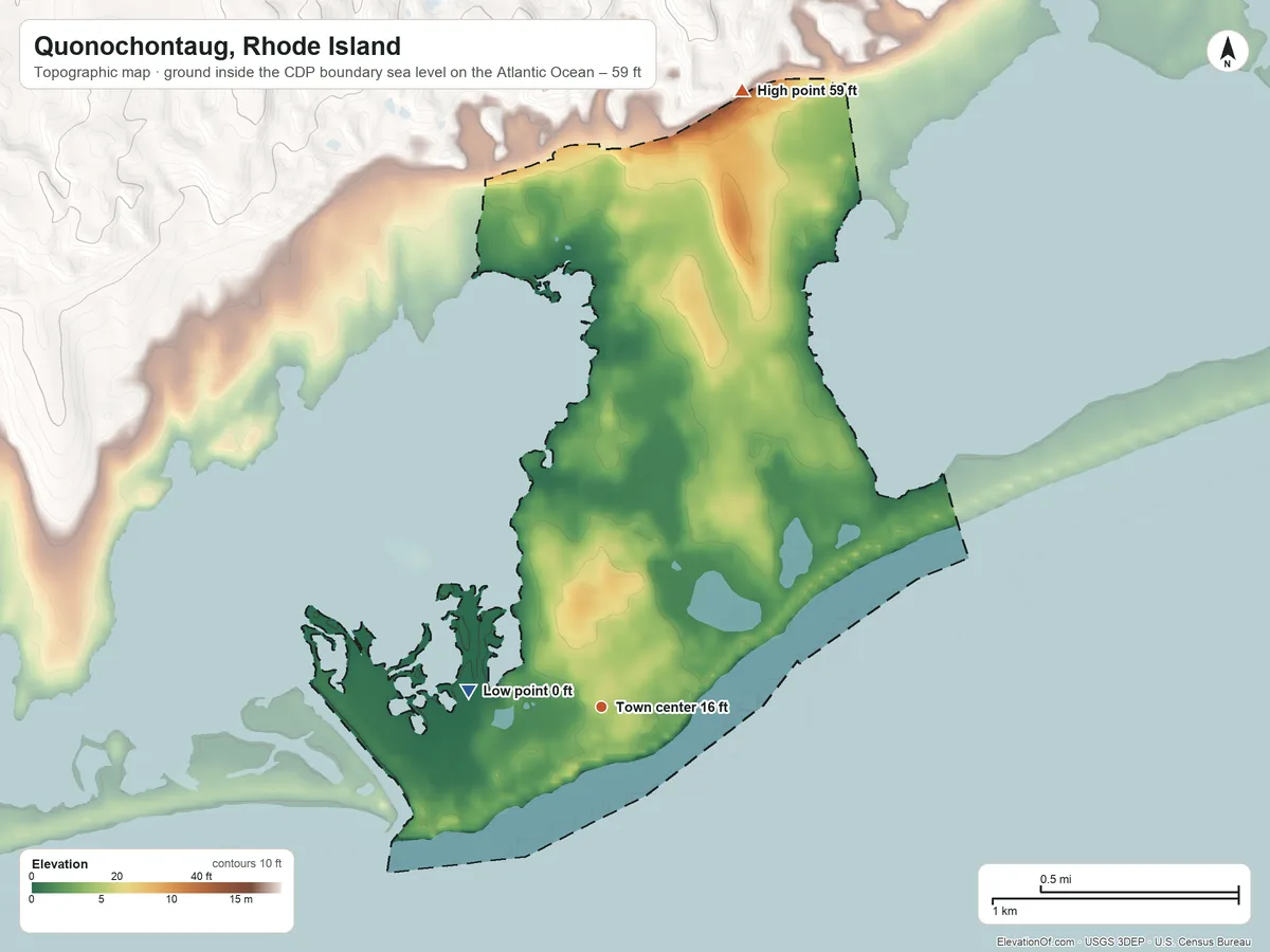 Topographic elevation map of Quonochontaug, Rhode Island, shaded from sea level level on the Atlantic Ocean to 59 ft on the north side