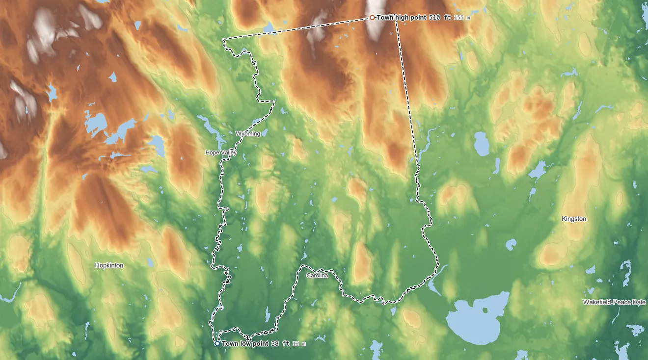 Topographic elevation map of Richmond, Rhode Island, shaded from 38 ft on the southwest side to 510 ft on the north side
