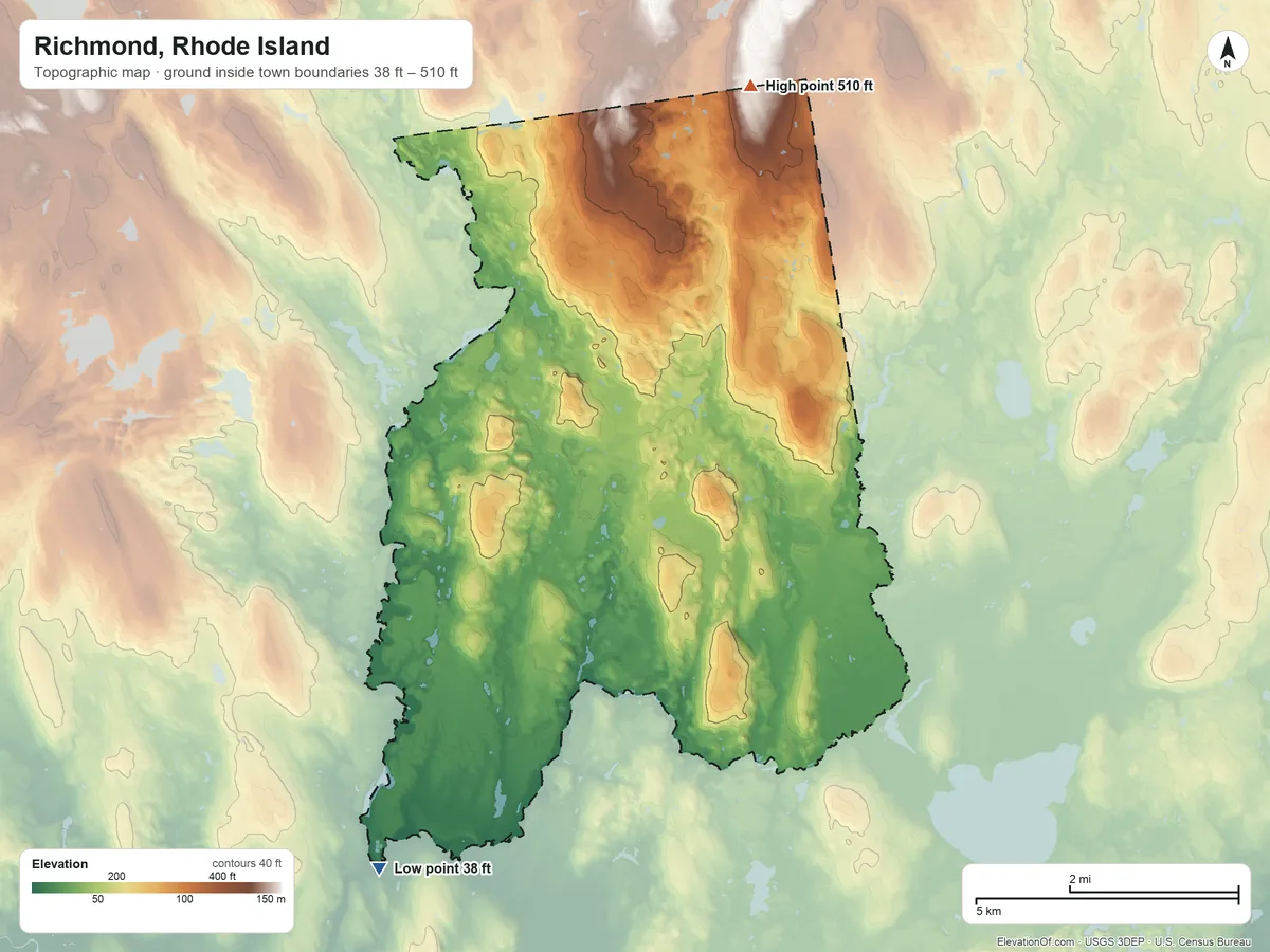 Topographic elevation map of Richmond, Rhode Island, shaded from 38 ft on the southwest side to 510 ft on the north side