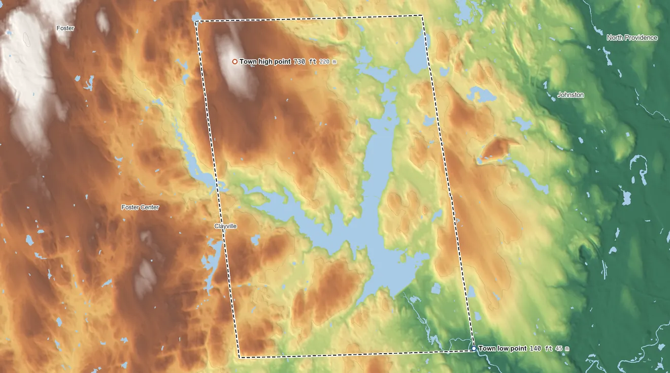 Topographic elevation map of Scituate, Rhode Island, shaded from 140 ft on the southeast side to 728 ft on Chopmist Hill