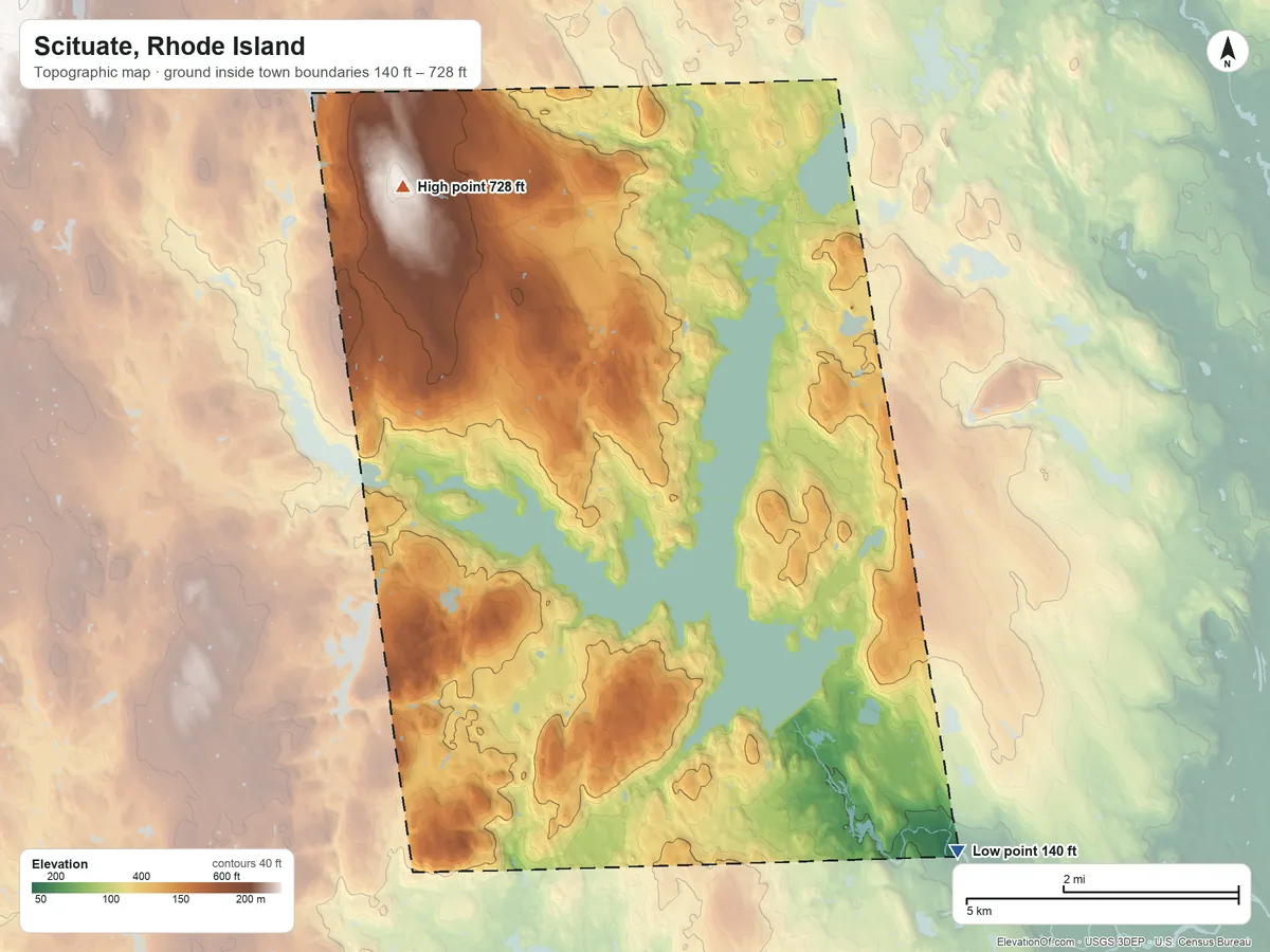 Topographic elevation map of Scituate, Rhode Island, shaded from 140 ft on the southeast side to 728 ft on Chopmist Hill