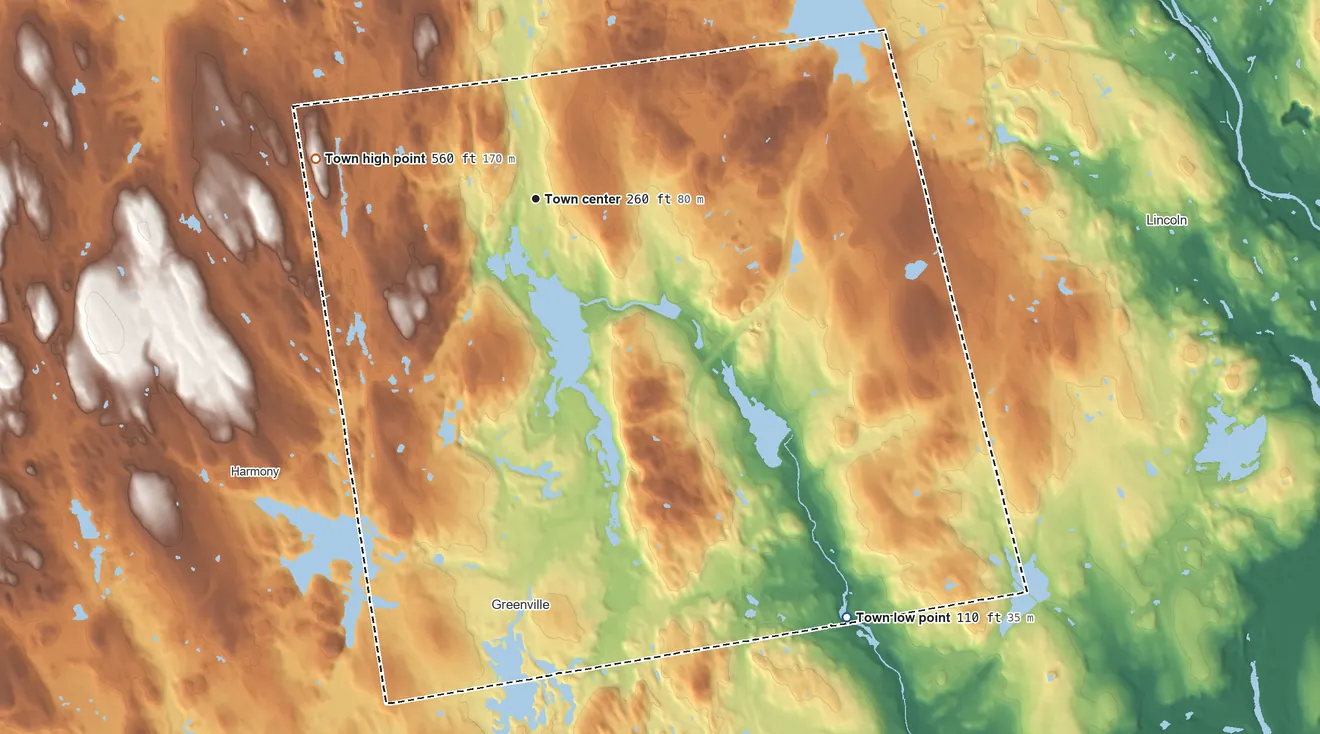 Topographic elevation map of Smithfield, Rhode Island, shaded from 110 ft on the southeast side to 560 ft on the west side