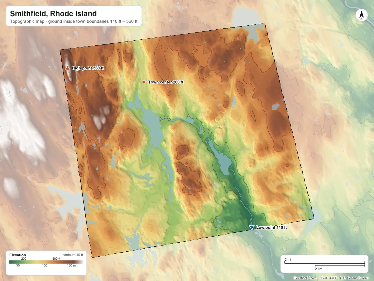 Topographic elevation map of Smithfield, Rhode Island, shaded from 110 ft on the southeast side to 560 ft on the west side