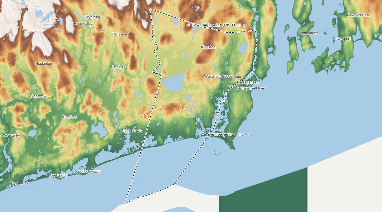 Topographic elevation map of South Kingstown, Rhode Island, shaded from sea level level on the Atlantic Ocean to 320 ft on Mount Pleasant