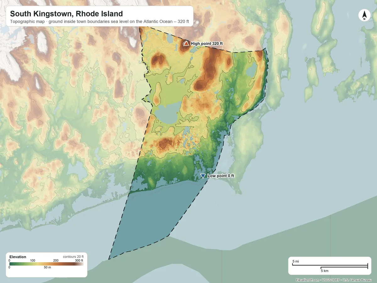 Topographic elevation map of South Kingstown, Rhode Island, shaded from sea level level on the Atlantic Ocean to 320 ft on Mount Pleasant
