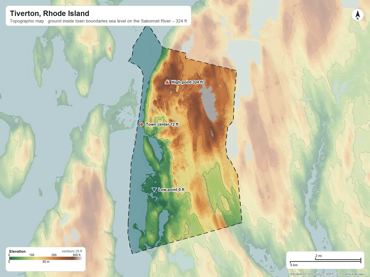 Topographic elevation map of Tiverton, Rhode Island, shaded from sea level level on the Sakonnet River to 324 ft on Pocasset Hill