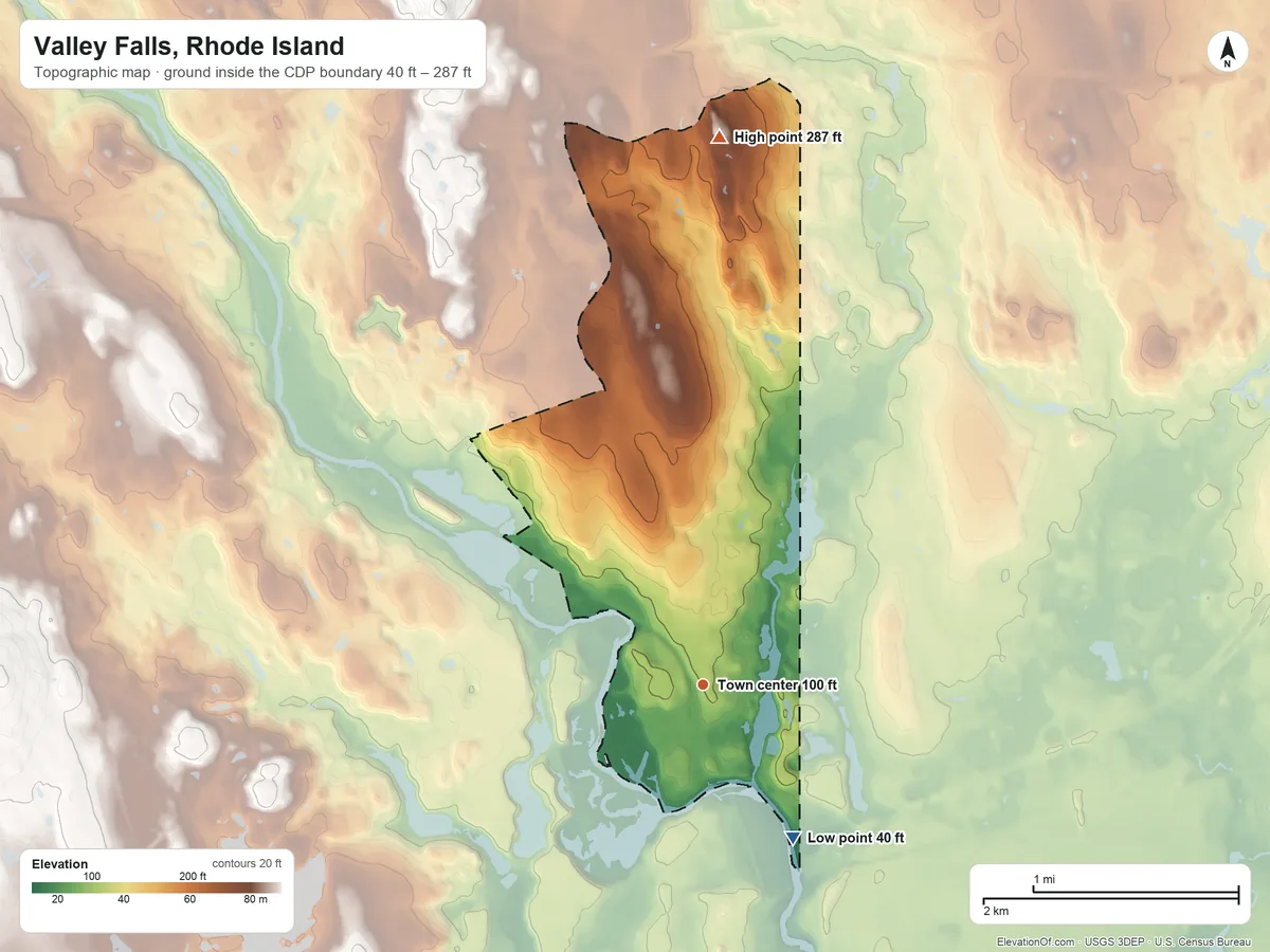 Topographic elevation map of Valley Falls, Rhode Island, shaded from 40 ft on the southeast side to 287 ft on Bear Hill