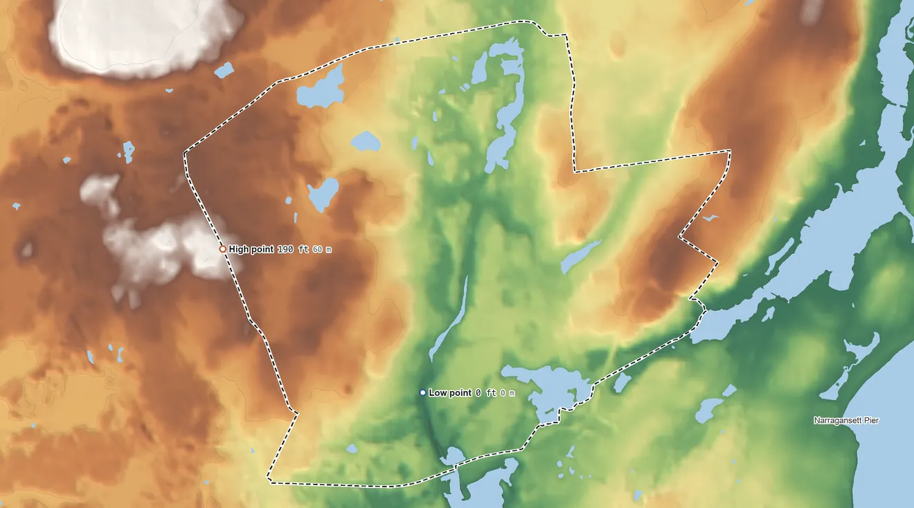 Topographic elevation map of Wakefield-Peace Dale, Rhode Island, shaded from 0 ft on the south side to 190 ft on the west side